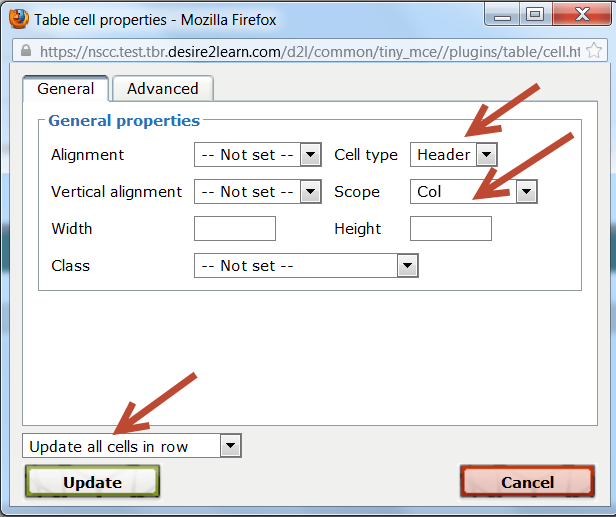 Header cell type selected and Scope column type selected.