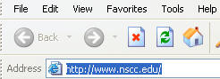 Internet Explorer address box with the words http://www.nscc.edu displayed as white text on blue to indicate they are selected.