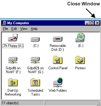 A computer window with an arrow pointing to the X in the upper right corner.