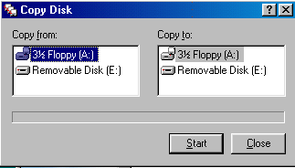 Screen showing Floppy A. On left side shows Copy From. On the right side shows Copy to. Click the Start button to begin the copy process.