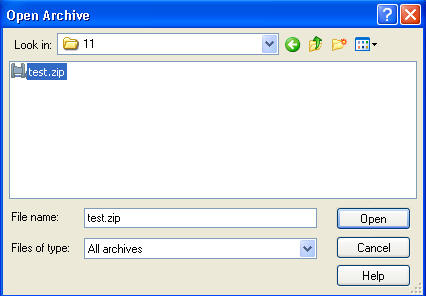 Ultimate Zip window showing the file name test.zip. Includes an Open button to open the test.zip file.