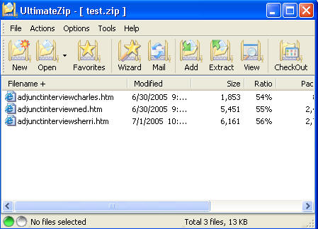 Ultimate Zip window showing three files that make up the test.zip file. 