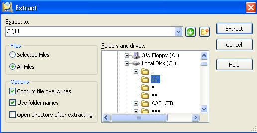 Extract window shows selecting C:\11 as the folder where the files will be extracted.