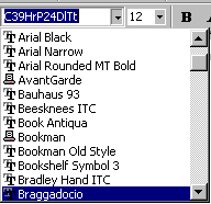 Rectangular box with an arrow. Click the arrow to drop down a list of fonts.