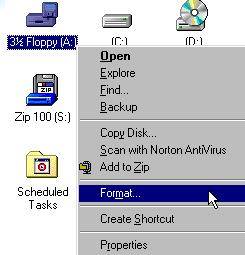 Shows right-clicking the Floppy A icon and then left-clicking Format from the drop-down menu.