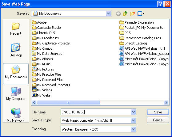 Save Web page dialog box. Displays file name box, list of files and folders and a file name box with ENGL1010760 as the new file name. Shows a Save button.