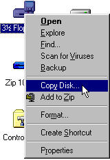 Drop-down menu when Floppy A is right clicked. Shows selecting Copy Disk.