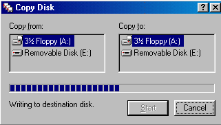 Copy disk dialog box showing Writing to Destination Disk.