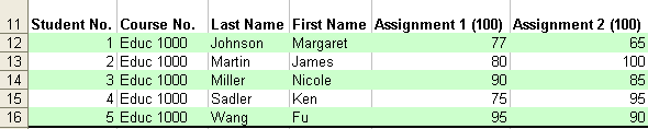 Every other row with green background. Border around grade columns including the headers. Headers in bold. Includes Columns A-F.
