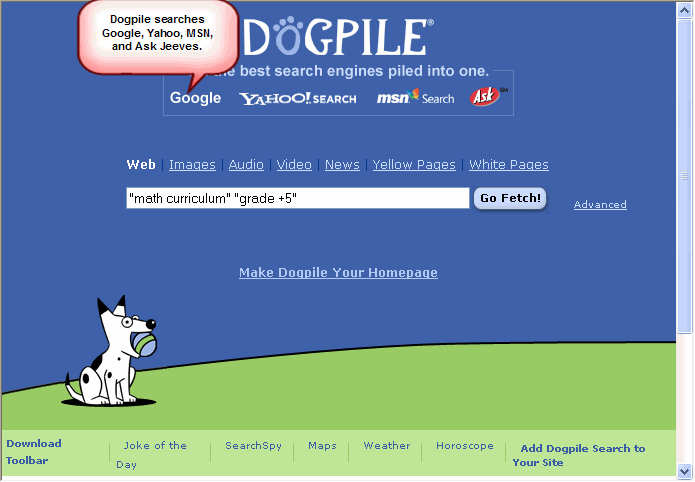Opening screen of the Dogpile metasearch engine with the search text as follows: Quote math curriculum quote quote grade +5 quote.