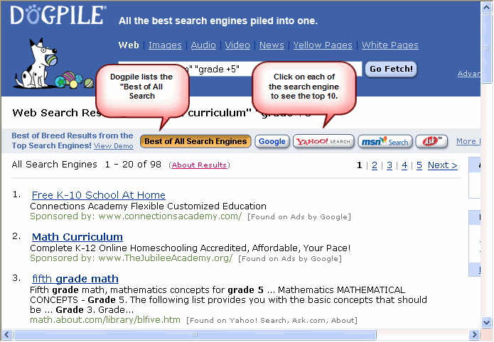 Dogpile return page with buttons to Best of all search engines, Google, Yahoo, MSN, and Ask.