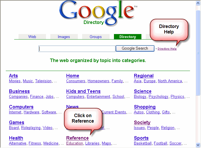 Google Directory screen. A variety of subjects are listed. Pointer shows we are selecting Reference.