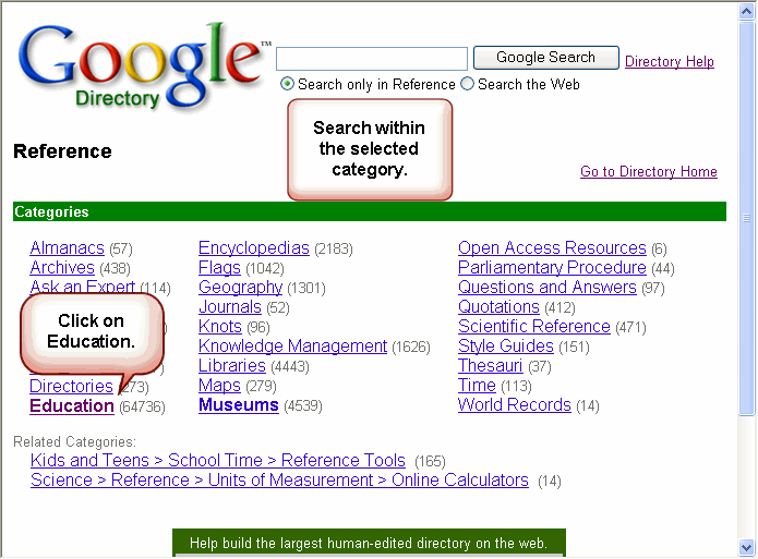 Google Directory shows choosing Education under the Reference section.