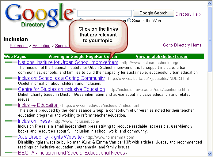 Google Directory shows list of links about Inclusion as a results of drilling down from Reference > Education > Special Education > Inclusion.