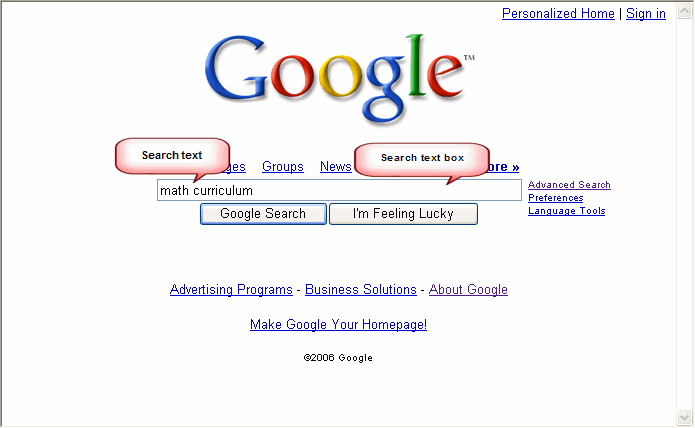 Google search page with math curriculum entered as the search text in the search text box at the top of the google screen.