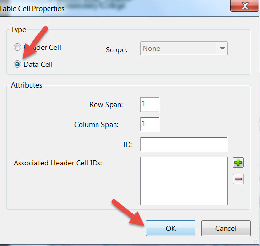 Data Cells selected in Properties dialog box