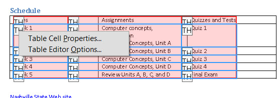 Table Data Cells Selected