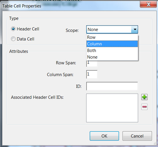 Table Cell Properties with Header Scope selected