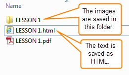 Lesson folder contains images, and the HTML file contains the text.
