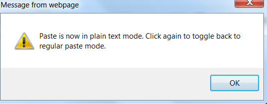 Message that paste as plain text mode is set