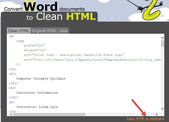 Click Convert to Clean HTML then copy HTML to Clipboard