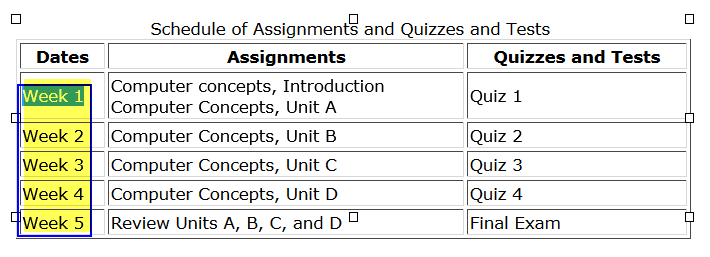 Table with first column selected.