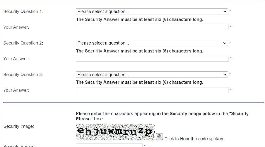 Screenshot of Security Questions input