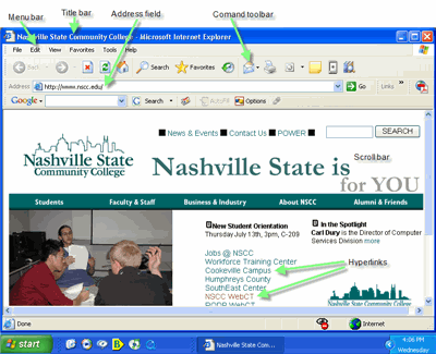 Internet Explorer screen with the NSCC Home Page displayed. The menu bar, title bar, address field, and command toolbar are across the top of the screen and indicated by arrows and links on the home page are marked with arrows. are marked with arrows.