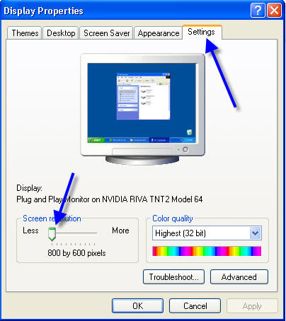 Display Properties screen with the Settings tab selected. Arrows point to the Settings tab and screen resolution slider.