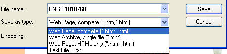 Internet Explorer Save as window. Show file name and save as type text boxes. Save as type shows ability to save as htm, html, mht, and txt.
