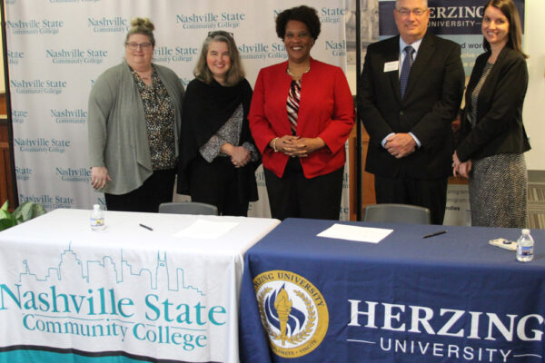 Pictured, left to right: Dr. Beth Youngblood, director of Nursing, Nashville State; Donna Whitehouse, acting dean and associate professor of Occupational Therapy, Healthcare Professions Division, Nashville State; Dr. Shanna L. Jackson, president, Nashville State; Thomas P. Perin, Sr., associate vice president of Community Partnerships, Herzing University; Dr. Sarah Roberts, associate vice president of Academic Affairs, Nashville State.